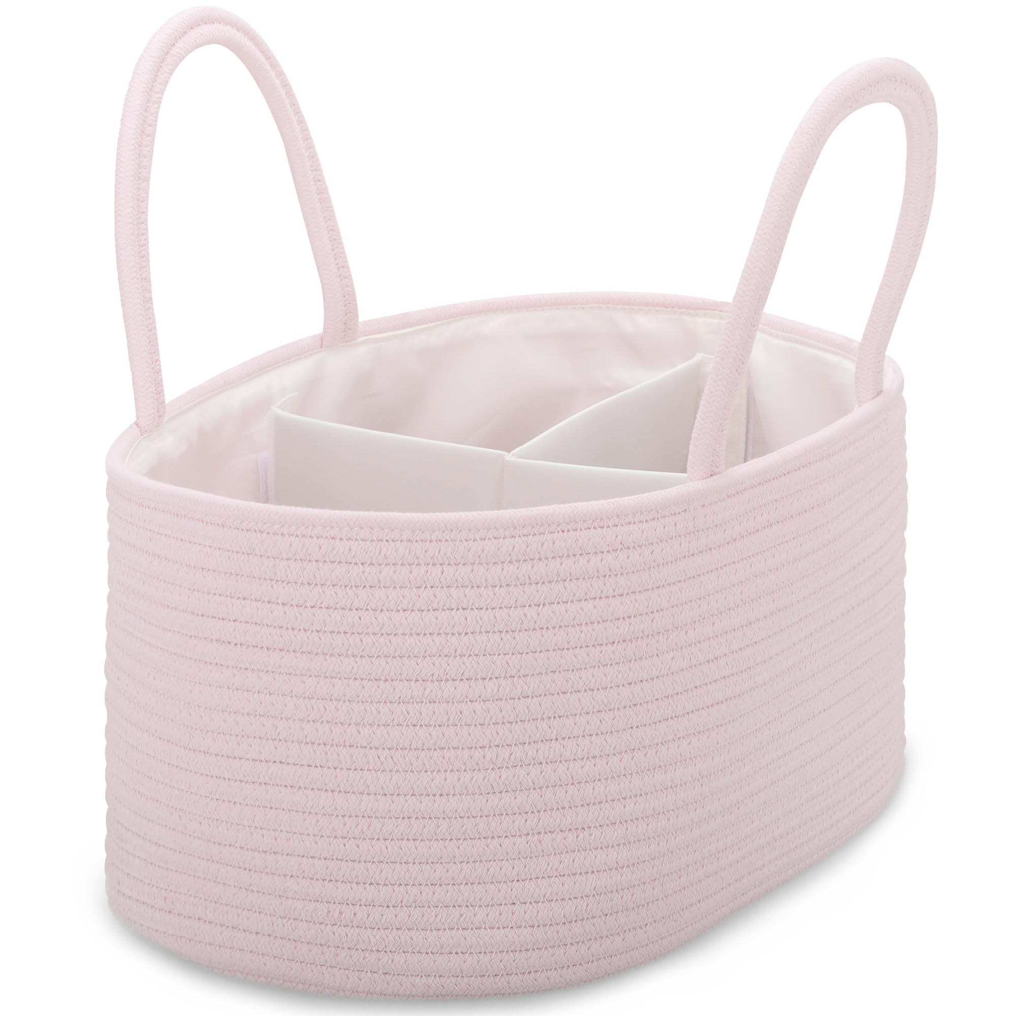 COMSE Large Nappy Caddy Organizer for Girl Boy, Baby Car Diaper Caddy with Handles, Cotton Rope Diaper Basket, Baby Shower Gifts Newborn Essentials Registry Must Have, Light pink