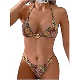 RoseSeek Women's 2 Piece Leopard Floral Bikini Sets Ring Triangle Halter Bathing Suit Tie Back Swimsuit