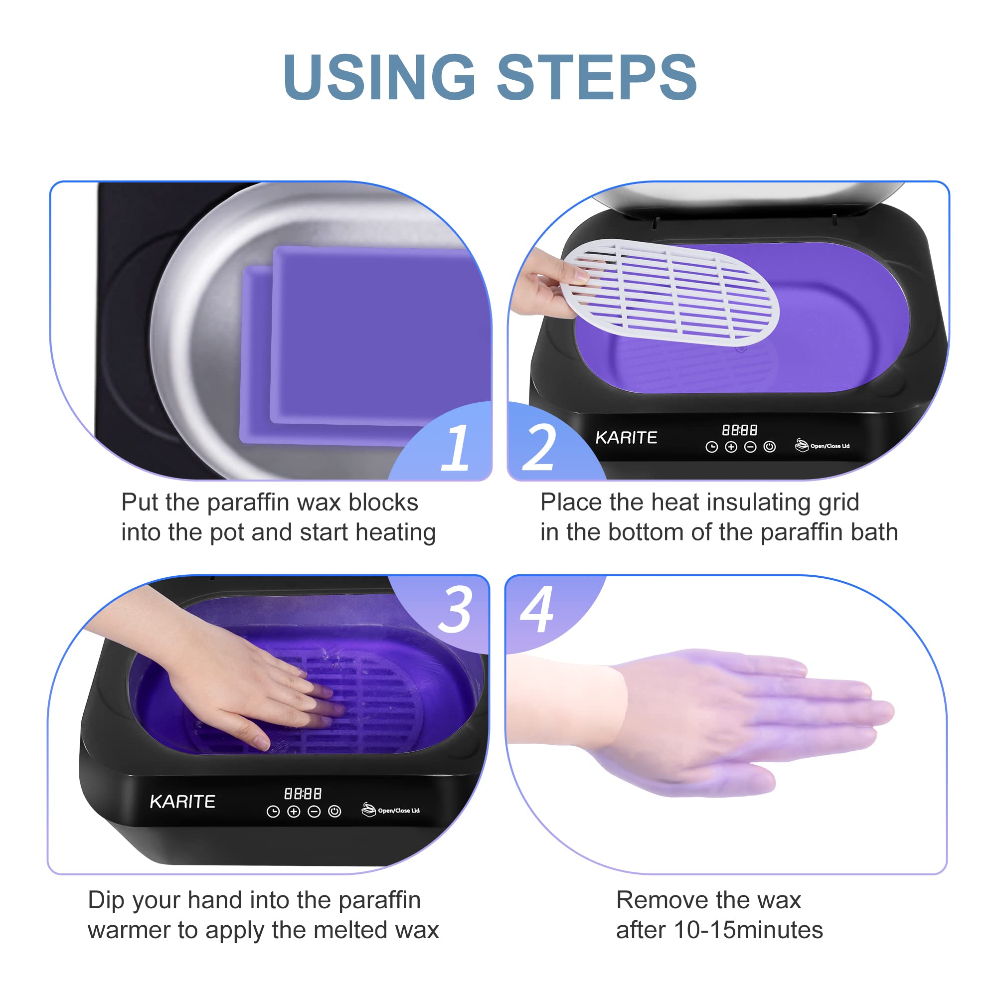 Karite Paraffin Wax Machine for Hands and Feet with Auto Open Lid, Paraffin Bath,20Min Fast Wax Meltdown, Precision Temperature Control, 4500ml Paraffin Warmer with 8Pack Refills