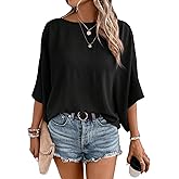 WDIRARA Women's Boat Neck Cut Out 3/4 Sleeve Blouse Casual Tops Shirt