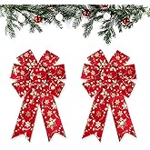 ABTOLS 2-Pack Christmas Wreath Bows - Red, Gold Glitter Snowflake Bows for Wreath, Front Door, Tree Topper, Winter & New Year Ornaments - Indoor/Outdoor Decor
