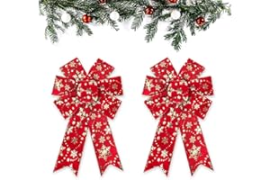 ABTOLS 2PCS Christmas Wreath Bows, Red Bows for Wreath Xmas Decor Bow for Front Door Gold Glitter Snowflake Tree Topper Bows for Winter New Year Wall Ornaments Home Indoor Outdoor Decor