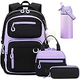Bevalsa School Backpack for Girls, Bookpack with 14oz Insulated Water Bottle, Lunch Bag & Pen Case, Schoolbag for Kids & BPA-FREE Stainless Steel Metal Cup for Elementary Middle Student (Black Purple)