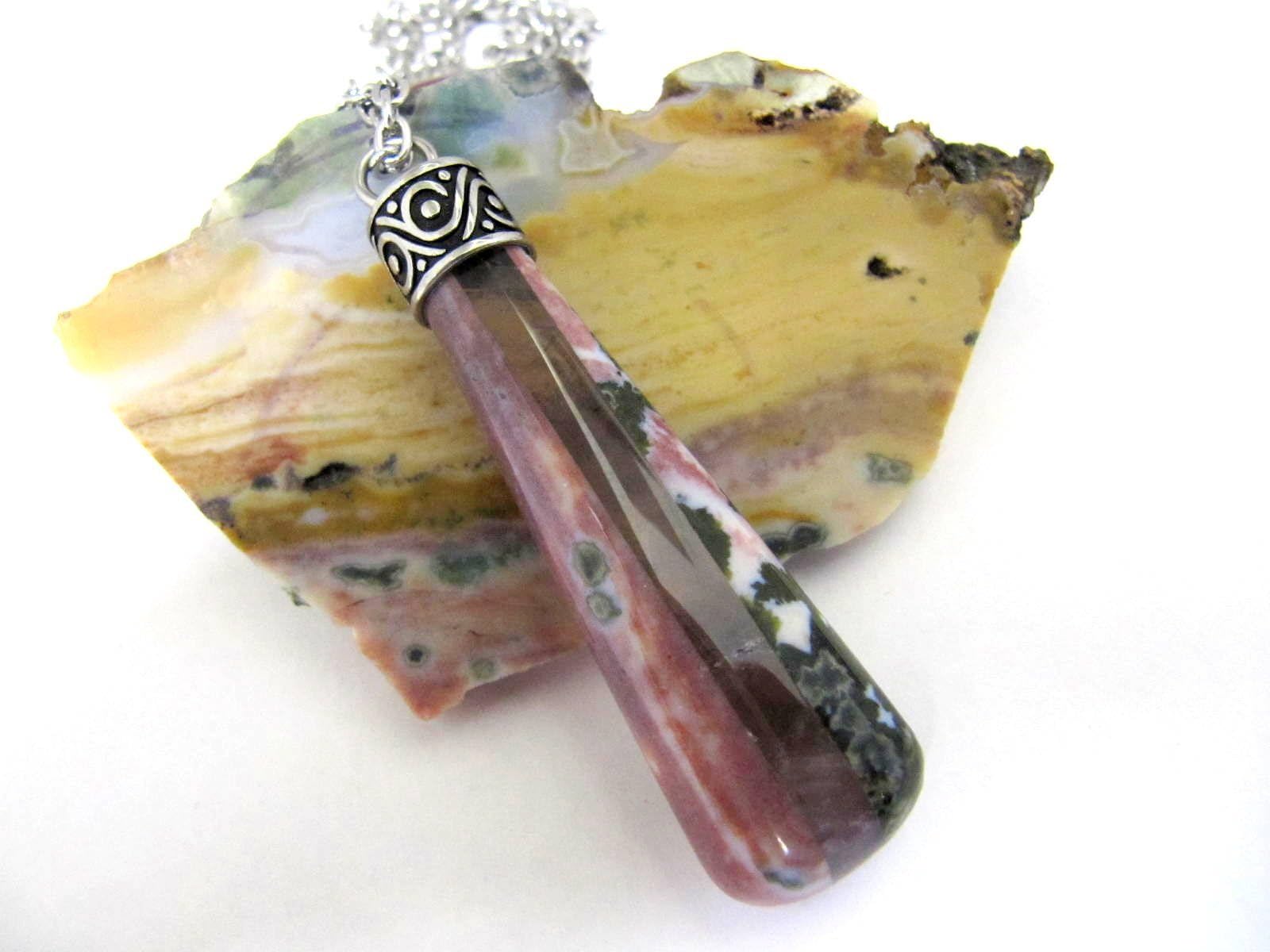 Rose Quartz And Ocean Jasper Intarsia Gemstone Pendant Necklace, Stainless Steel Fittings, Chakra, Reiki, Stone Healing, Rock Hounder, Healing Stone, Chakra Jewelry
