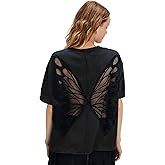 VAOYIU Women's Oversized Butterfly Wing Lace Embroidered T-Shirt Short Sleeve Sheer Mesh Back Design Y2K Basic Tee