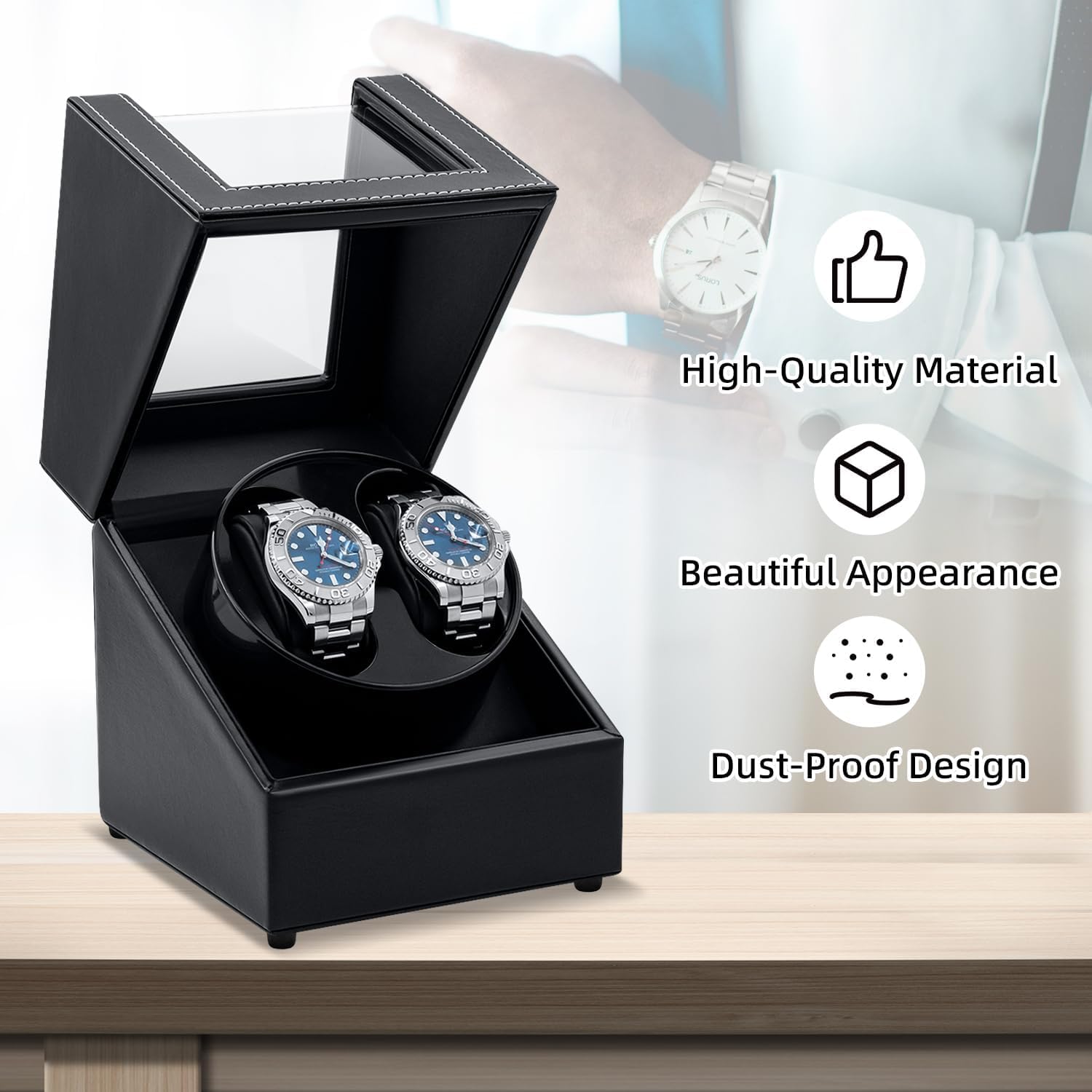 Mcbazel Mcbazel Watch Winder for Automatic Watches, Double Automatic Watch Winder Box with Quiet Japan-made Motor, Automatic Watch Display Storage Rotation Wristwatch Box with 2 Slots (Black PU Leather)