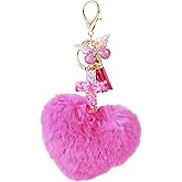 Tinsparkwin 1 Pack Heart Pom Pom Keychain with Pink Rhinestone Butterfly Tassel Charms Pom Fluffy Key Ring for Women Bag Key