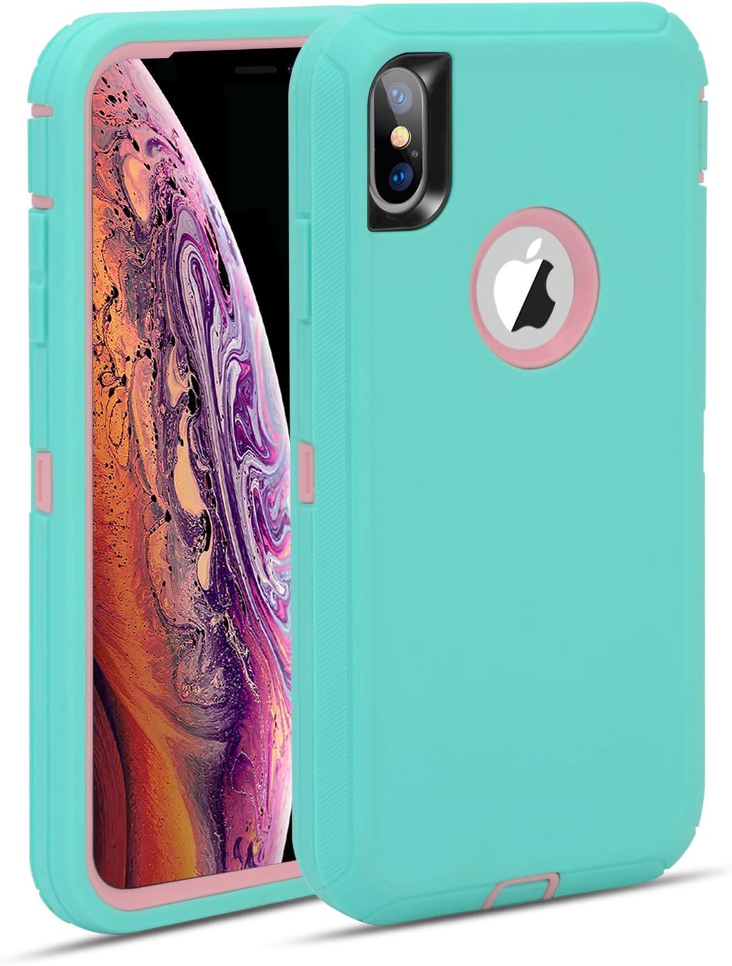 MAXCURY Phone Case for Apple iPhone Xs Max, Heavy Duty Tough 3 in 1 Rugged Shockproof Cover for Apple iPhone Xs Max in 6.5 Inch (Mint/Pink)
