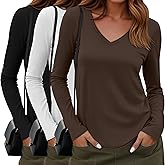 Sweetyweee 3 Pack Women's Long Sleeve Shirts Cotton V Neck Casual Tops Roll Hem Lightweight Basic Tee Soft 2026 Trendy Outfit