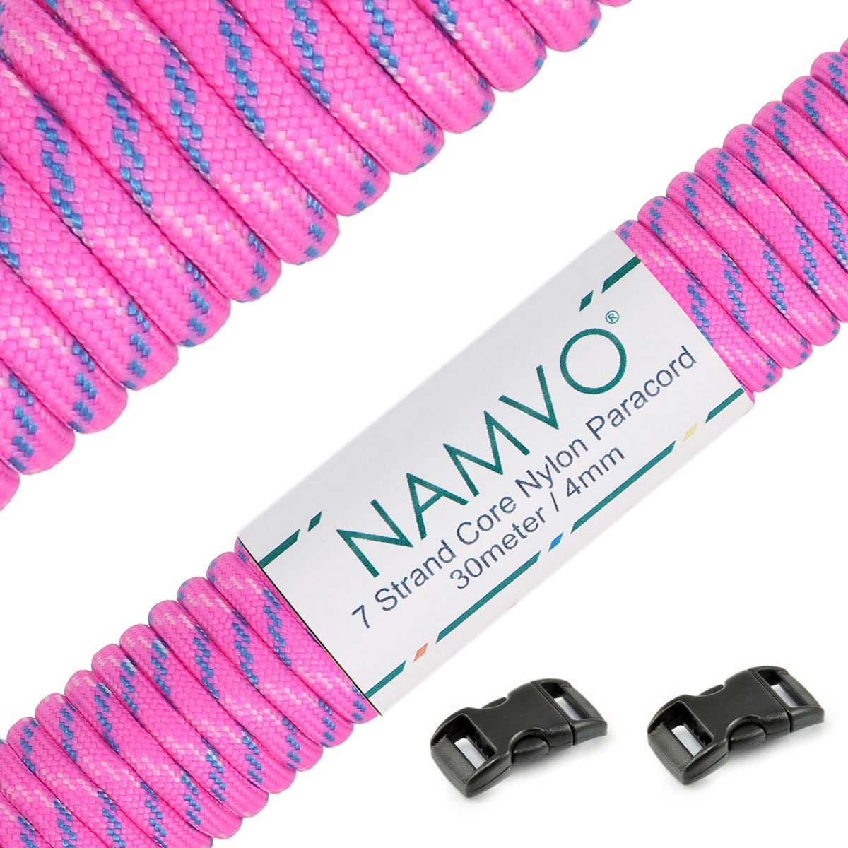 Namvo 550 Paracord Mil Spec Type III 7 strand parachute cord Total Length 100ft / 30 Meters, Pink blue and white dot