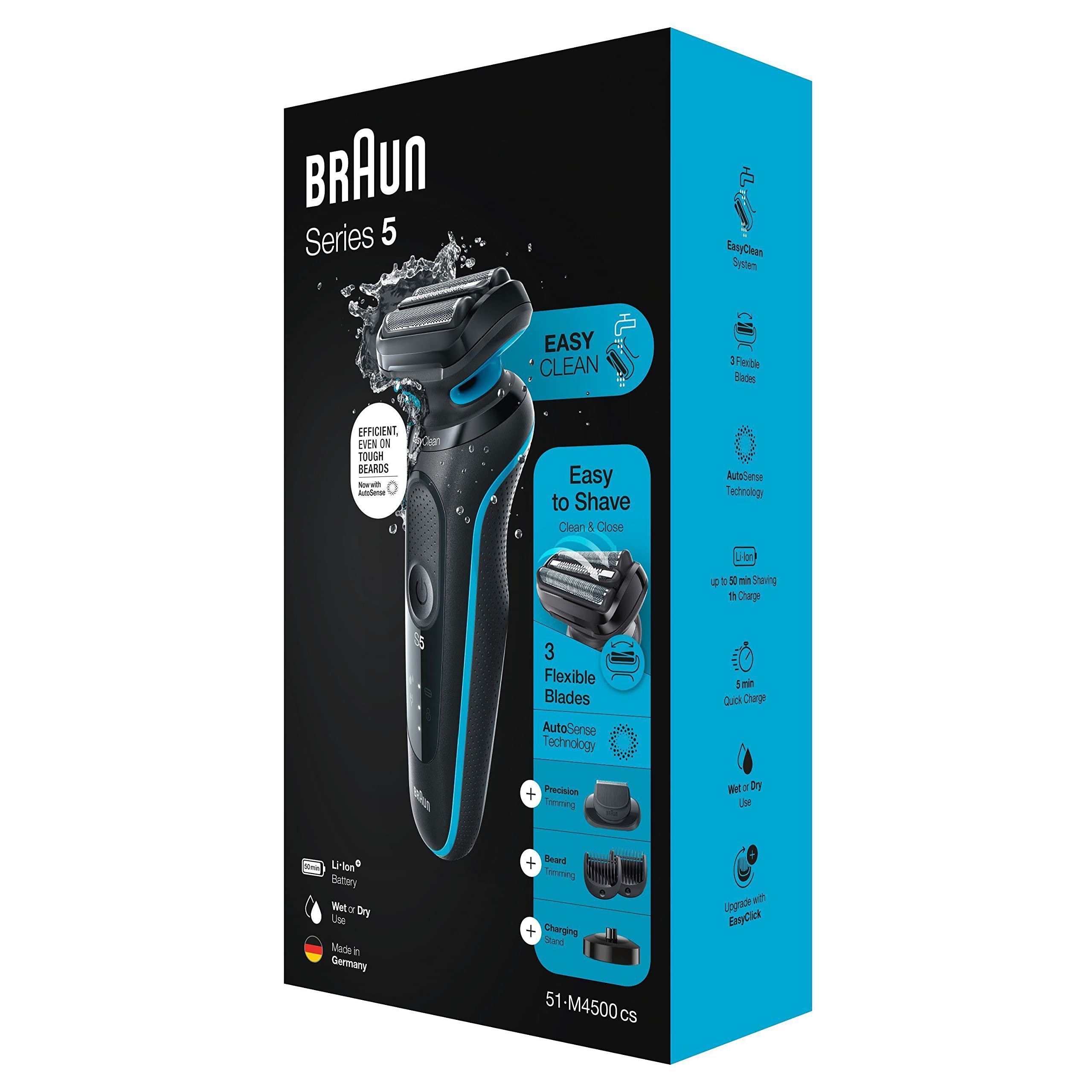 Braun Series 5 Rasierer Herren Elektrisch, Elektrorasierer mit EasyClick Barttrimmer Aufsatz, Ladestation, EasyClean Rasierapparat, Trockenrasierer, Wasserdicht, Made in Germany, 51-M4500cs, Mintgrün 6