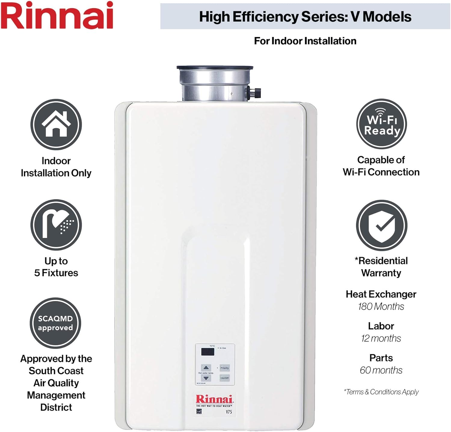 Rinnai V65IN Tankless Water Heater, Large, V65iN-Natural Gas/6.5 GPM - - 