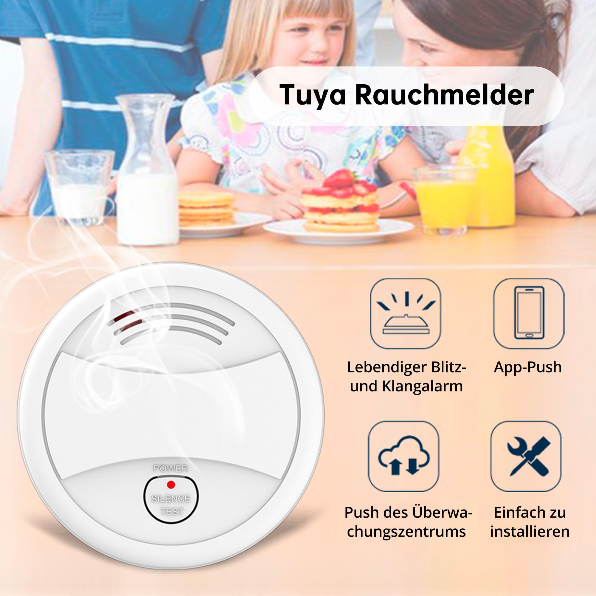 Verbesserter Rauchmelder WLAN mit App und Austauschbarer Batterie, 85dB Rauchmelder Smart Geeignet für Schlafzimmer und Werkstattküche（6 Stück） 2