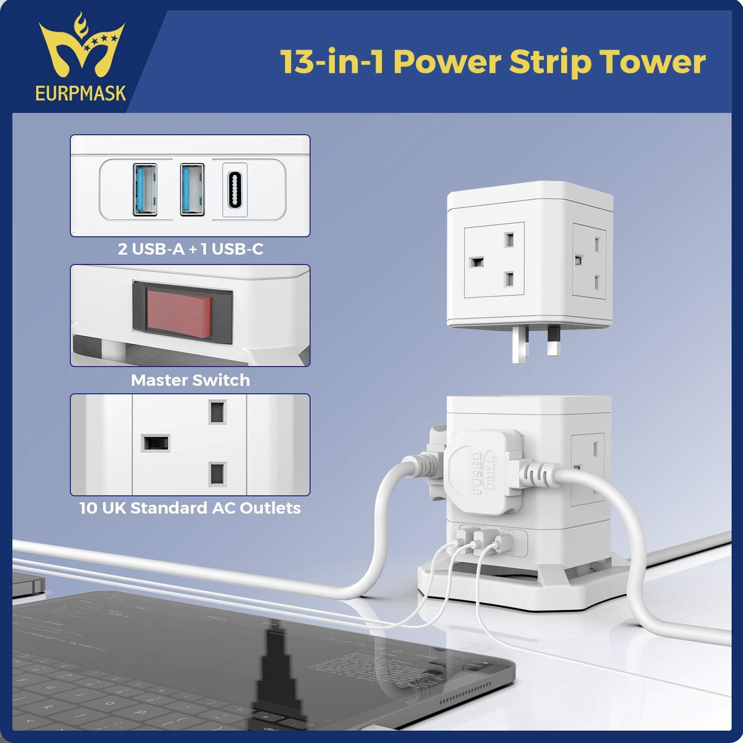 EURPMASK 10 Way Outlets Power Strip Tower with 3 USB,Surge Protection ...