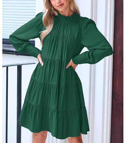 OKIWAM WOMEN’S CASUAL TIERED DRESS SOLID COLOR CREW NECK RUFFLE DRESS LONG SLEEVE MINI DRESS A LINE DRESSES