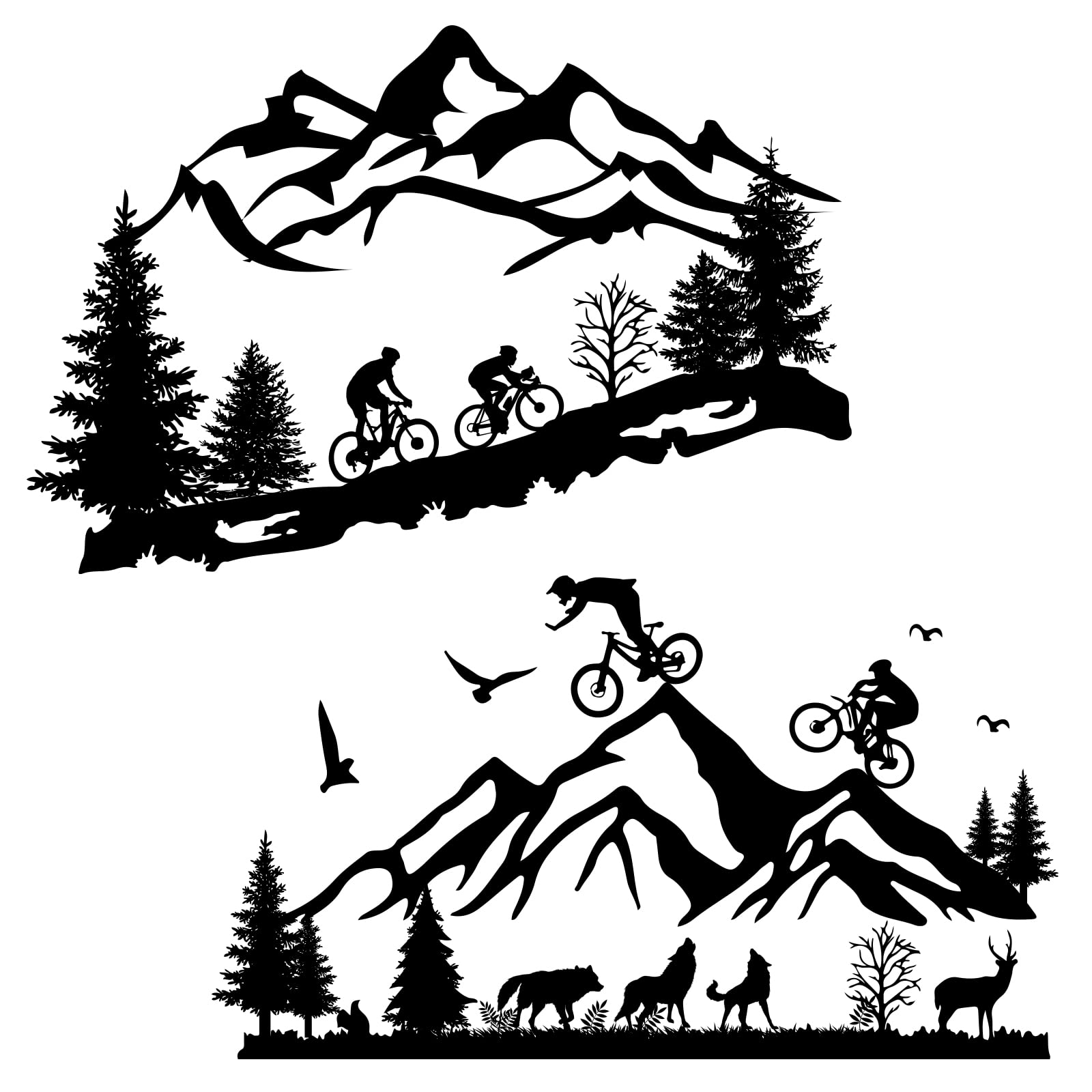 SUPERDANT 2 Sheets/Set Wall Stickers Mountain Bike Riding Outdoor Sport Wall Art Decals Peak Forest Animals Pattern Vinyl Stickers for Home Living Room Bedroom Decor 35x59 cm