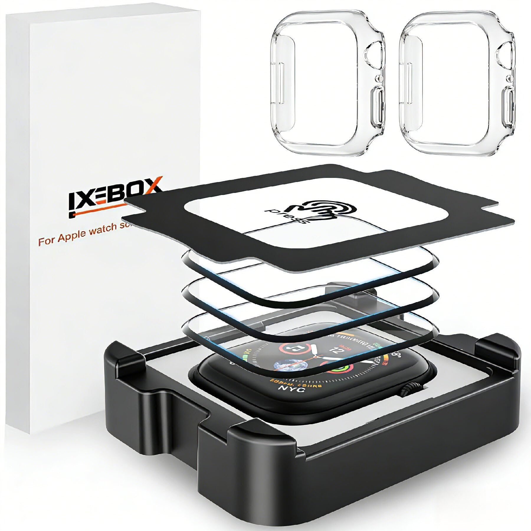 IXBBOX® 3-Pack Screen Protectors + 2-Pack Cases Compatible with Apple Watch Series 10/11 46mm, 3D Curved Full Coverage Tempered Glass, Scratch & Shatter Resistant, Waterproof, Bubble-Free Installation, No Screen Obstruction