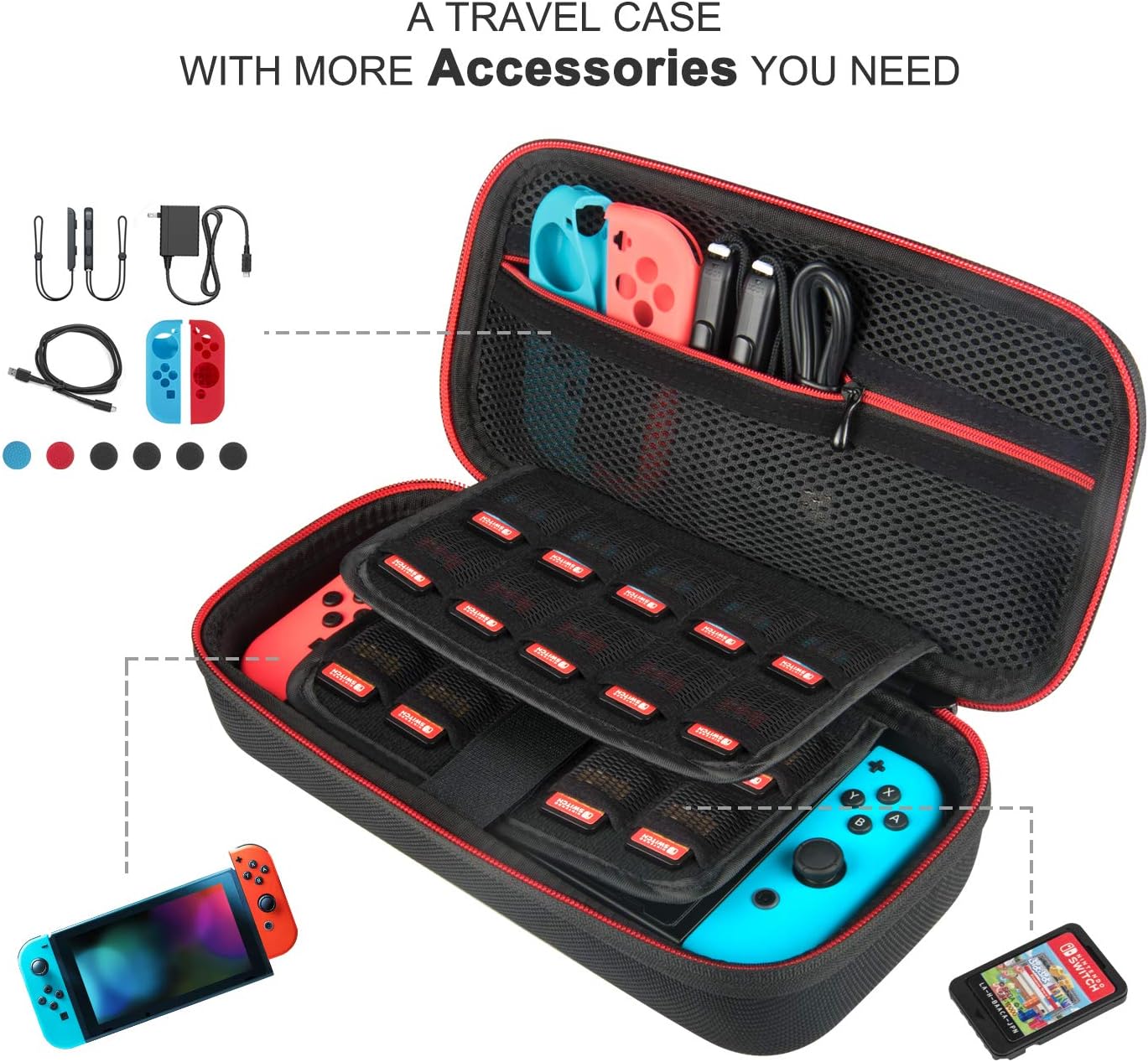 Keten 13 in 1 Accessories Kit for Nintendo Switch Including Carrying Case/Switch Clear Cover Case/Adjustable Stand/Tempered Glass Screen Protector (2 Packs): Electronics