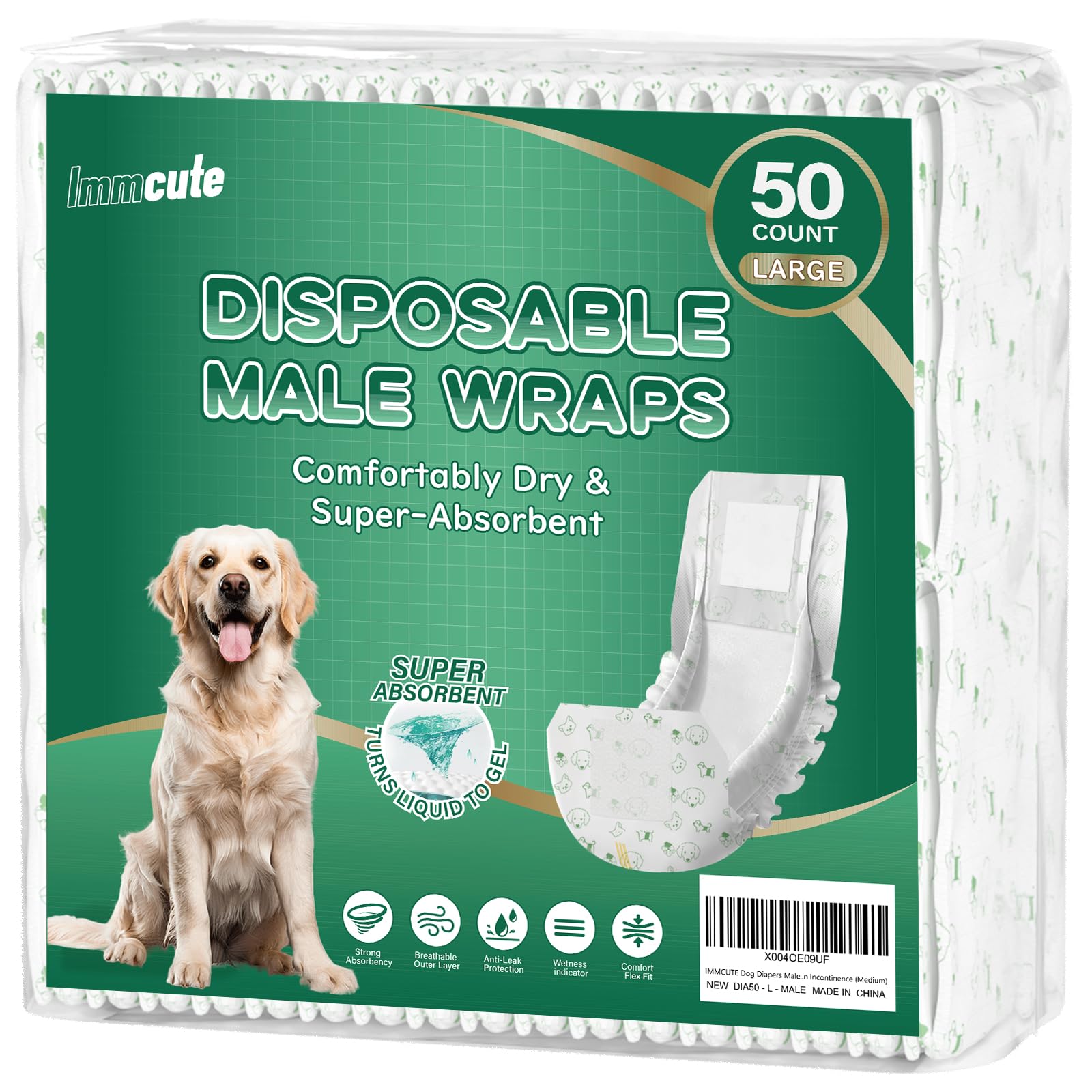 Photo 1 of IMMCUTE Large Dog Diapers Male, 50 Ct, Extra-Wide Disposable Male Dog Wraps, Breathable, Comfortable Cotton Fabric with Super Absorbent Male Dog Diapers, Suitable for Medium to Large Breeds