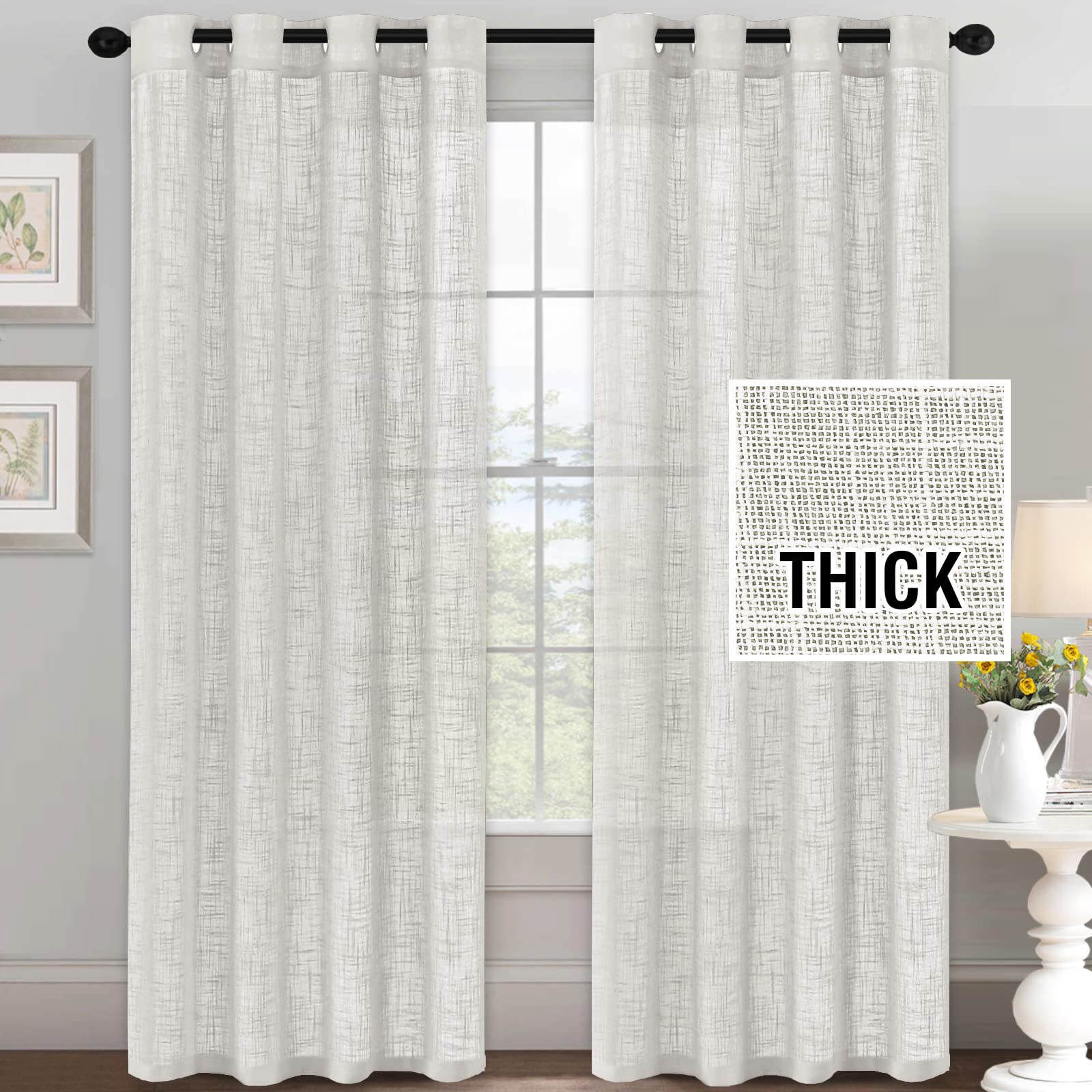 Photo 1 of H.VERSAILTEX Linen Curtains Natural Linen Blended for Living Room Burlap Linen Textured Light Filtering Nickel Grommet Curtains Bedroom Curtains 2 Panel Sets Privacy Added,52inx84in,Off White