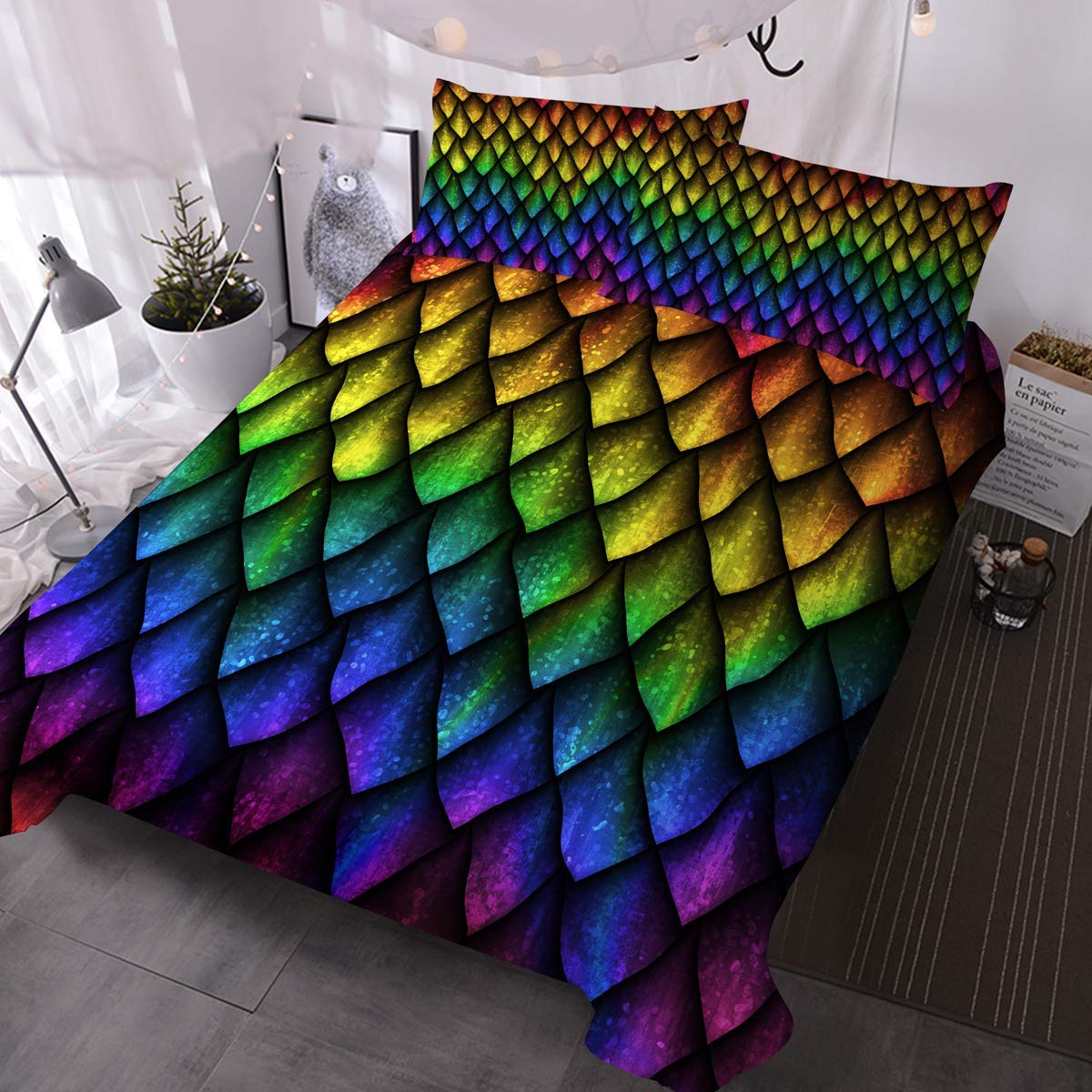 BlessLiving Duvet Cover Set 3D Dragon Scales Pattern Printed Bedding Duvet Cover with Zipper Closure 3 Pieces Soft Boys Men Neon Purple Green Comforter Cover (Double)