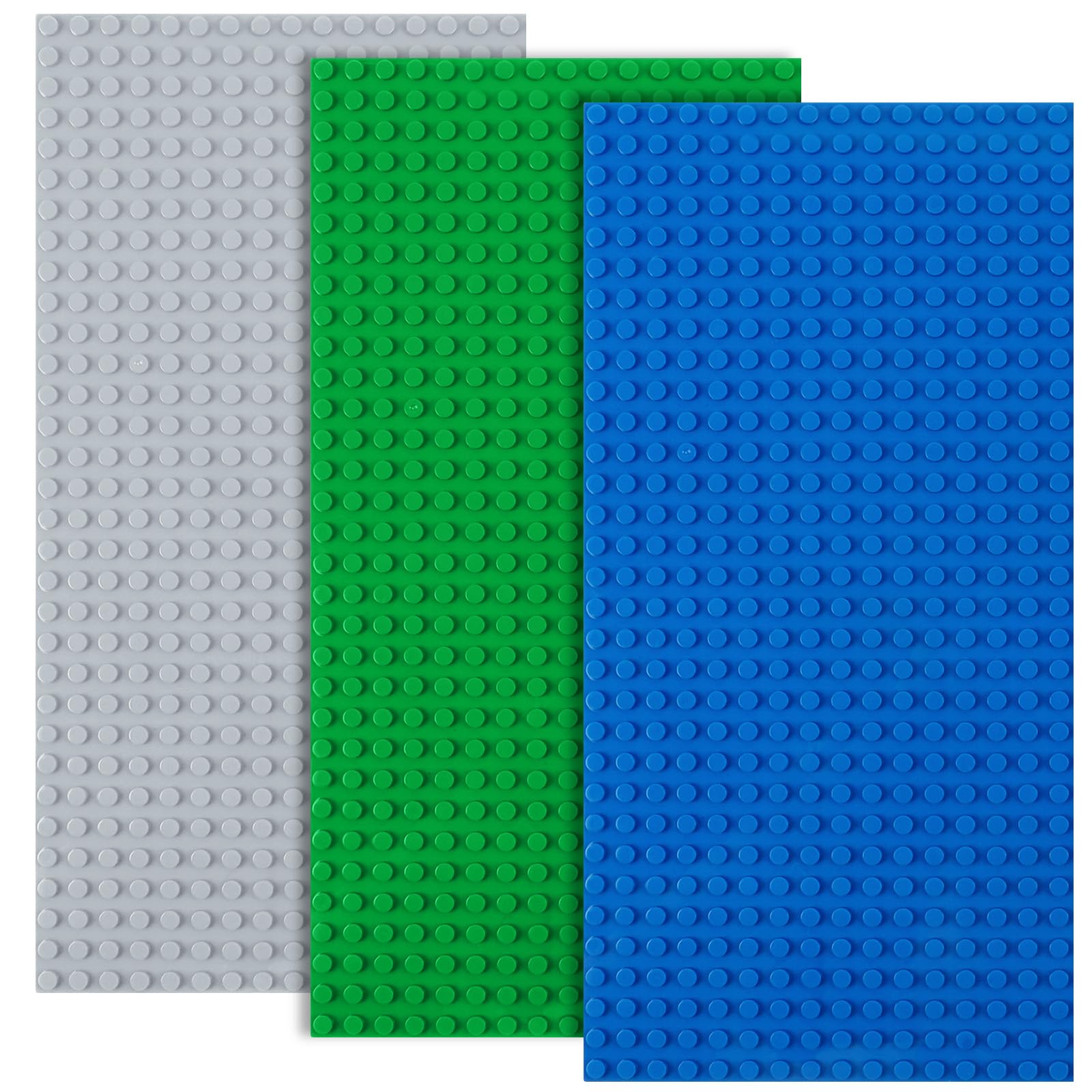 HOTUT Classic Baseplates, 3 Pcs Rectangle 16 x 32 Stud Building Base, 12.9 x 25.6 CM Building Board BasePlate, 100% Compatible with All Major Brands, Build and Display Board Set - Grey/Green/Blue