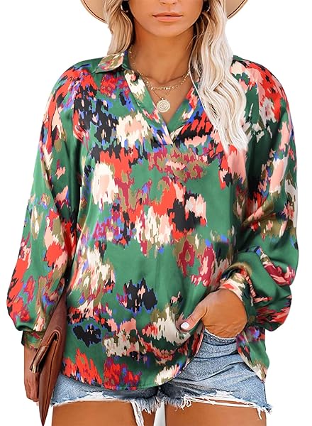 EYTINO WOMENS PLUS SIZE LANTERN LONG SLEEVE V...