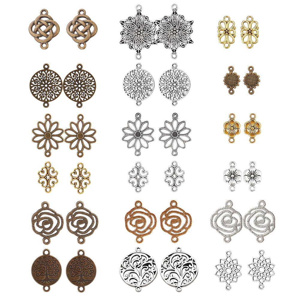 SUNNYCLUE 72Pcs 18 Styles Flower Connector Charms Flower Links Connectors Sunflower Lotus Clover Charm Filigree Connectors for jewellery Making Charms Women Adults DIY Earring Necklace Bracelet Craft