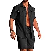 URRU Mens 2 Piece Summer Beach Outfits Textured Short Sets Casual Short Sleeve Button Down Matching Shirt and Shorts Set