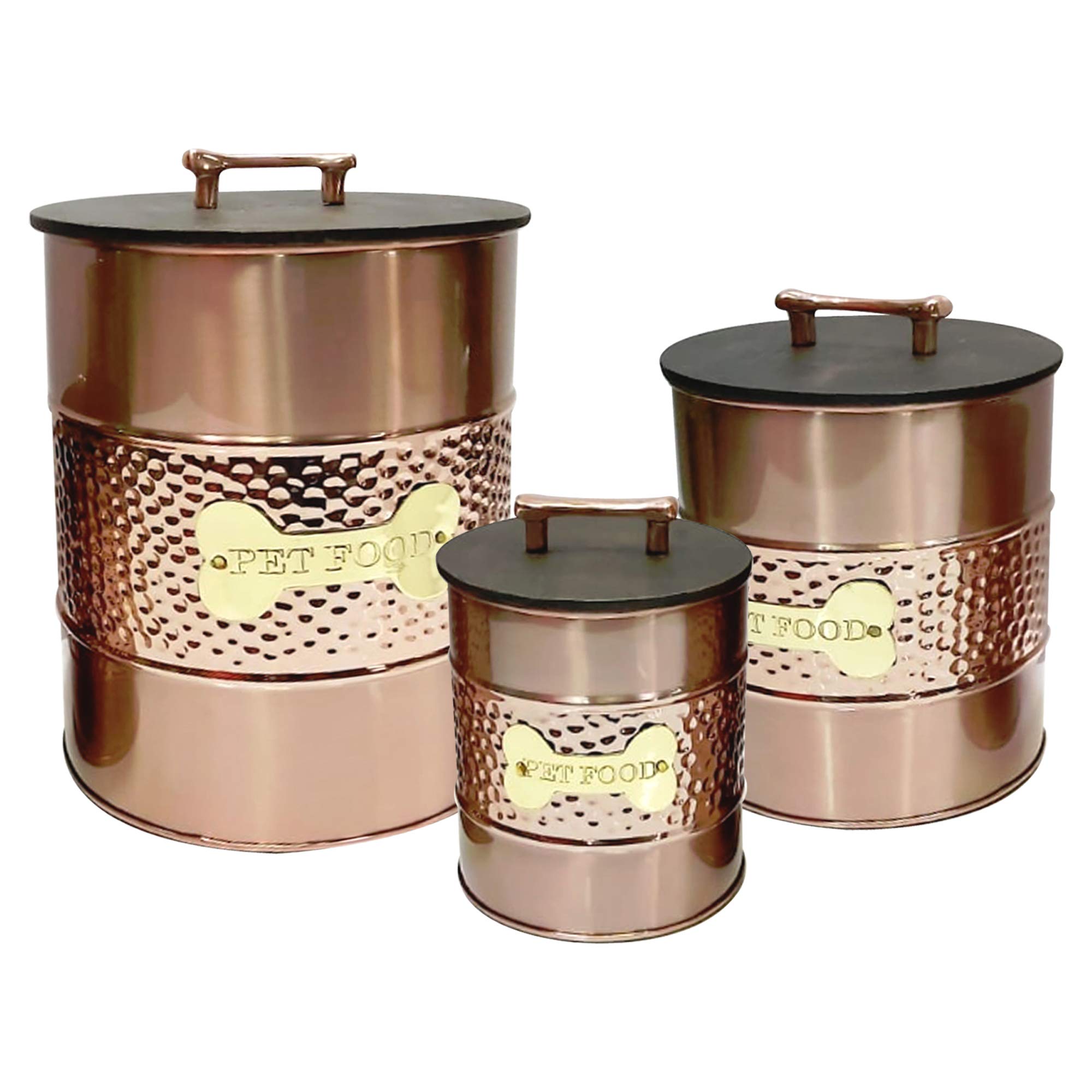 metal hammered copper 3 Pc set Jumbo Pet Canister with sturdy bone plaque, Dog Food Treat Storage Container Jar with wooden Lid with bone handle, Tight Fitting Lids for Dog Biscuit Cookies