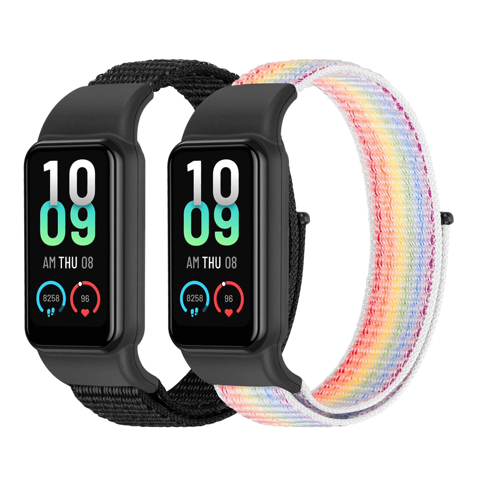 Tiptops Straps Compatible Amazfit Band 7 Band, 2 Pack Breathable Comfortable Braided Adjustable Nylon Sport Solo Loop Replacement Wristband Amazfit Band 7 Women Men, DarkBlack+RainbowPinstripes