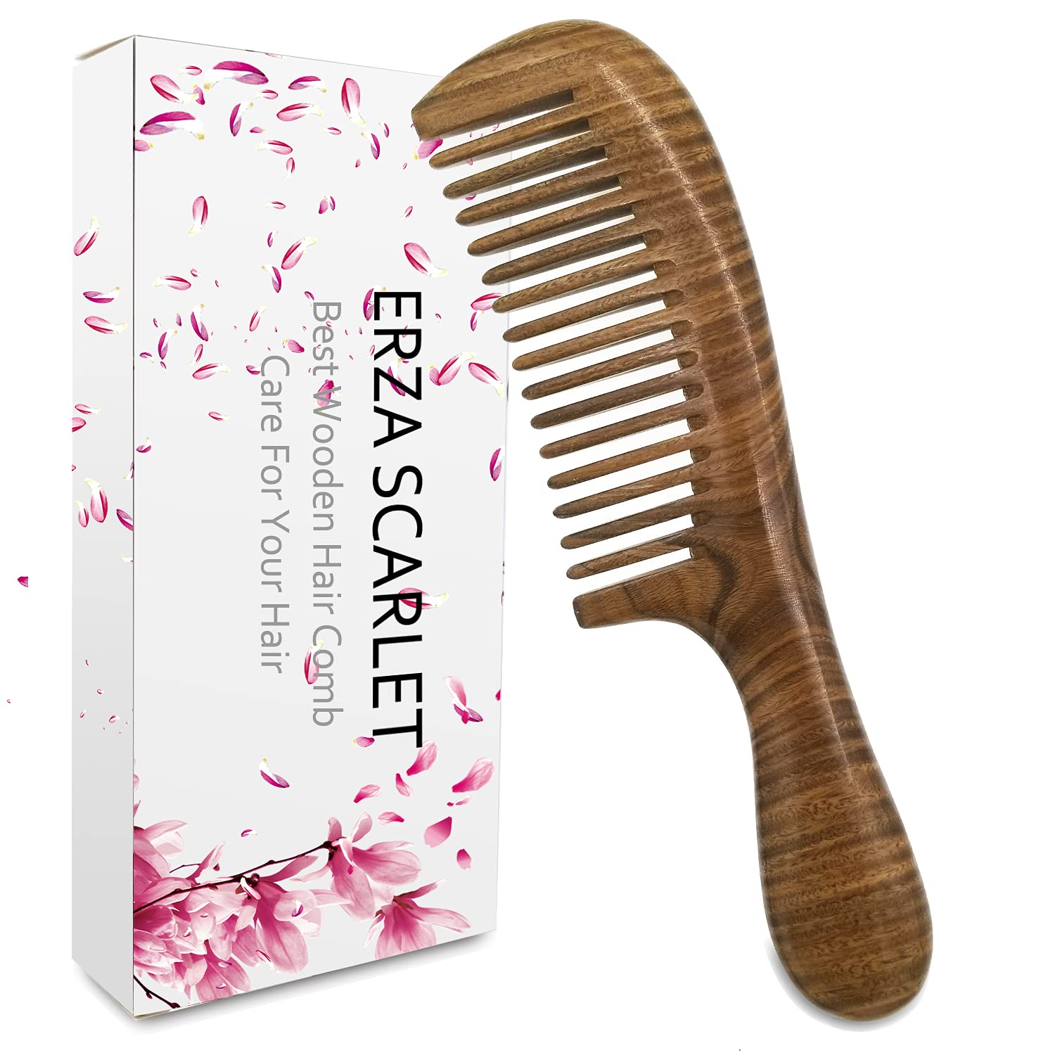 ERZA SCARLET Real Natural Green Sandalwood Wooden Comb/Boutique Hair Comb - NO SNAGS,NO STATIC,NO TANGLE (Wide tooth)