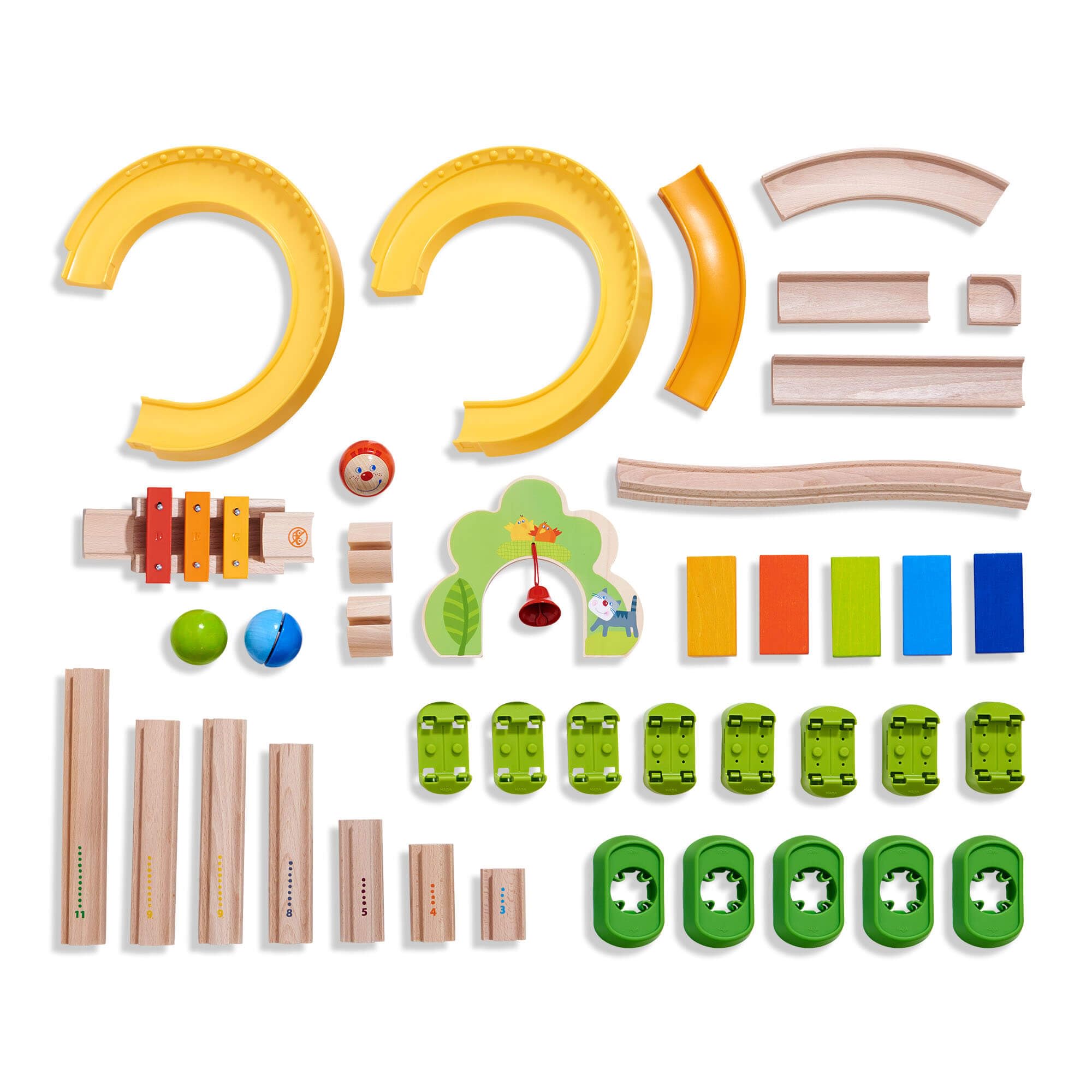 HABA Kullerbu Sim-Sala-Kling - 38 Piece Wooden & Plastic Train Track Set for Balls with Musical Effects and Domino Blocks