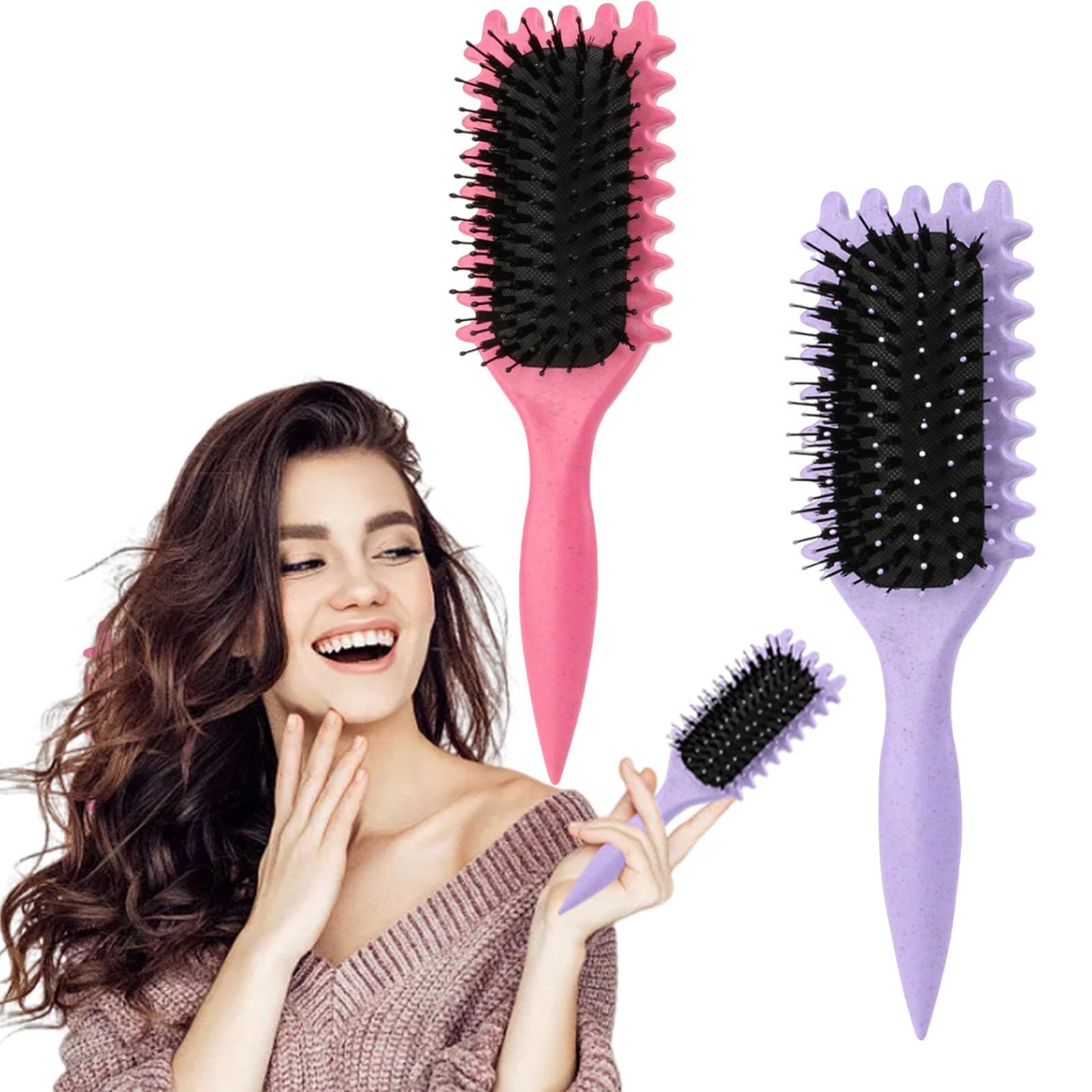 2PCS Curl Defining Brush for Curly Hair - Boar Bristle Styling Brush for Women & Men, Less Pulling (Pink, Purple)