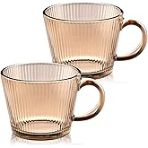 TkoYuHm 13oz Vintage Coffee Mugs 2 pack Striped Glass Tea Cups with Handle Stackable Amber Espresso Cup for Cappuccino Latte Beverages