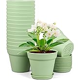 Meowell 4 inch Small Plastic Nursery Pots, 16 Pack Plant Pots for Indoor Outdoor Plants, Flower Pots with Drainage Holes and Saucers, Decorative Seedling Starter Planters for House Plants, Green