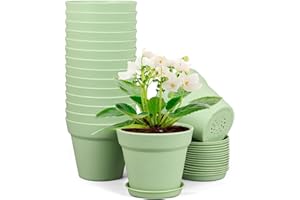 Meowell 4 inch Small Plastic Nursery Pots, 16 Pack Plant Pots for Indoor Outdoor Plants, Flower Pots with Drainage Holes and Saucers, Decorative Seedling Starter Planters for House Plants, Green