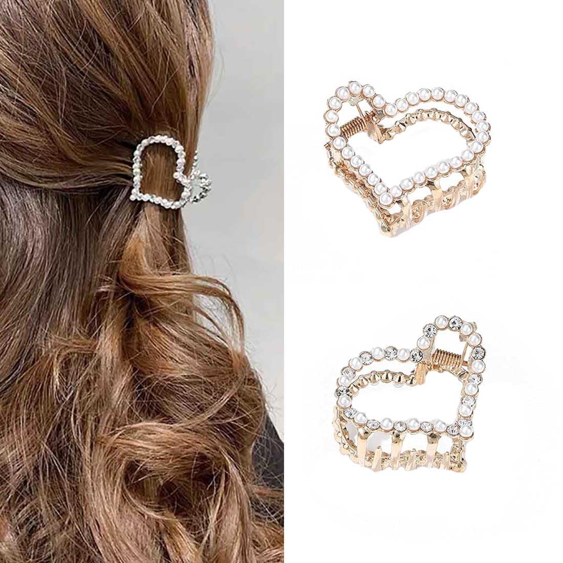 Danshinbow 2 Pcs Pearl Rhinestone High Ponytail Metal Clip Barrette Gold lOVE Hair Claws Thick Hair for Women and Girls