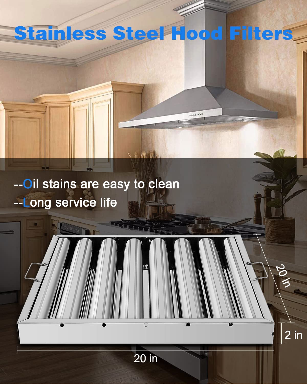 Hood Filters 19.5W x 19.5H Inch, 430 Stainless Steel 7 Grooves Commercial Baffle Grease Filter, Range Hood Filter for Grease Rated Commercial Kitchen Exhaust Hoods Pack of 6