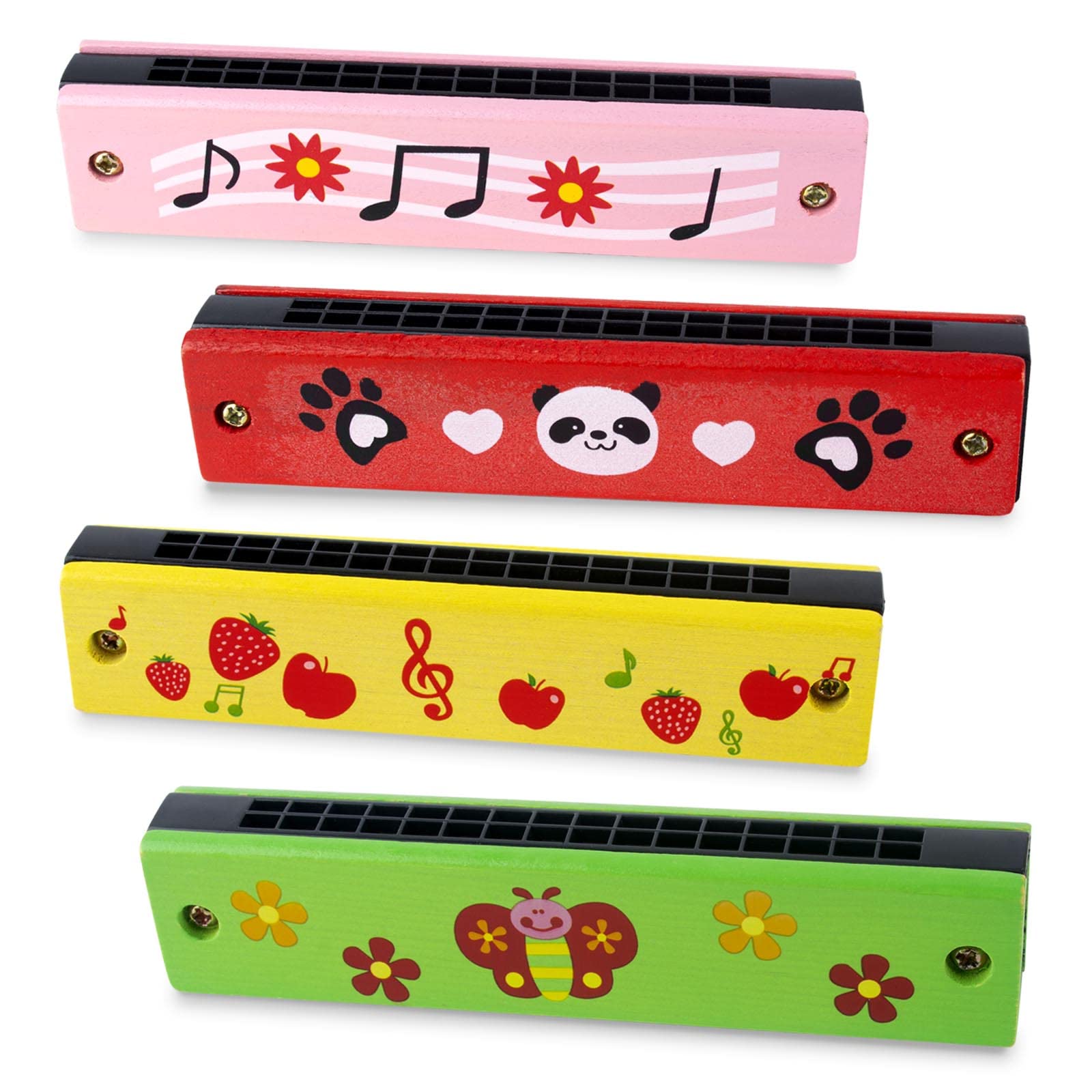 AYNKH 4PCS Cartoon Wooden Harmonica, 16 Holes Mouth Organ Double Row Diatonic Harp, Perfect Music Gift Educational Toys for Beginners Kids Students