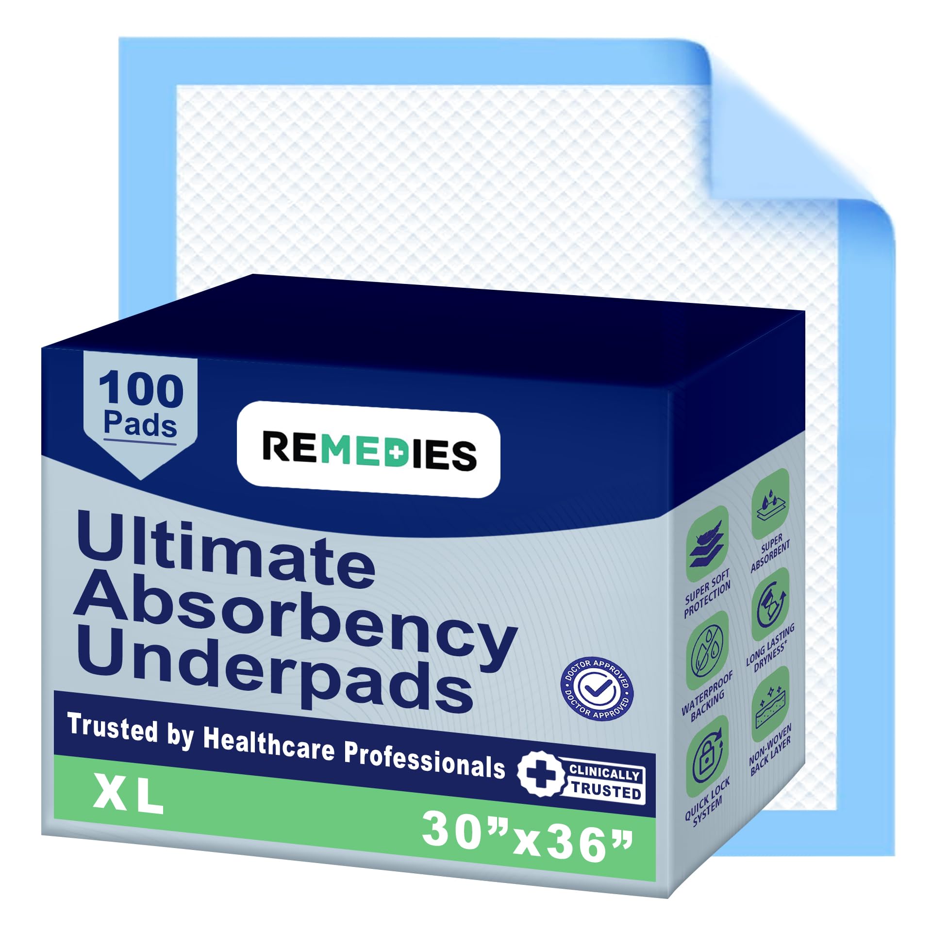 REMEDIES Disposable Underpads, Super-Absorbent Under Pads, 76 x 91 cm, 85 Gram, 3G Sap (100 Count)