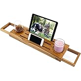 EcoFives Teak Bathtub Tray Caddy, Expandable Bath Tray, Adjustable Organizer Tray for Bathroom, Luxury Bath Caddy Tub Table, 