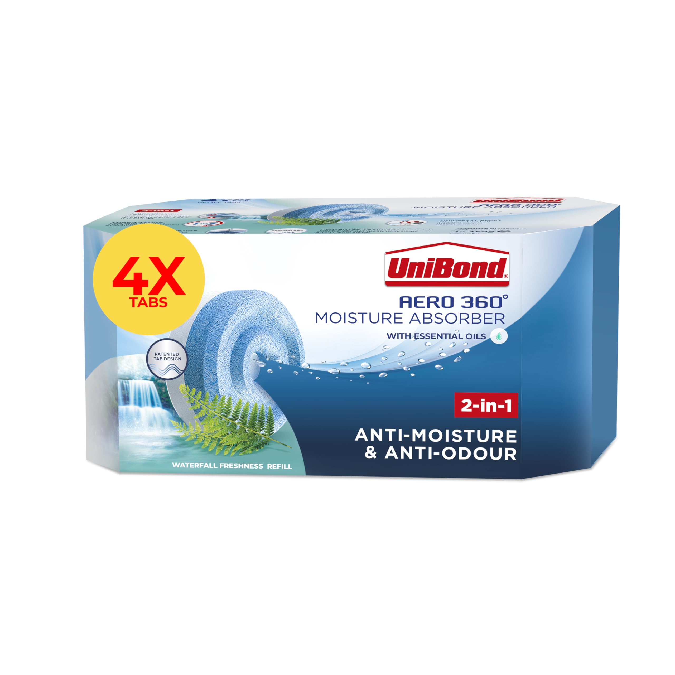 UniBond AERO 360° Moisture Absorber Waterfall Freshness Refill Tab, Aromatherapy, Ultra-Absorbent and Odour-Neutralising, for AERO 360° Dehumidifier, Condensation Absorbers, Four Pack (4 x 450g)