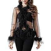Women Mesh Top with Feather-Trimming Layering Ruffle Blouse See Through Long Sleeve Sheer Blouse Party Y2K