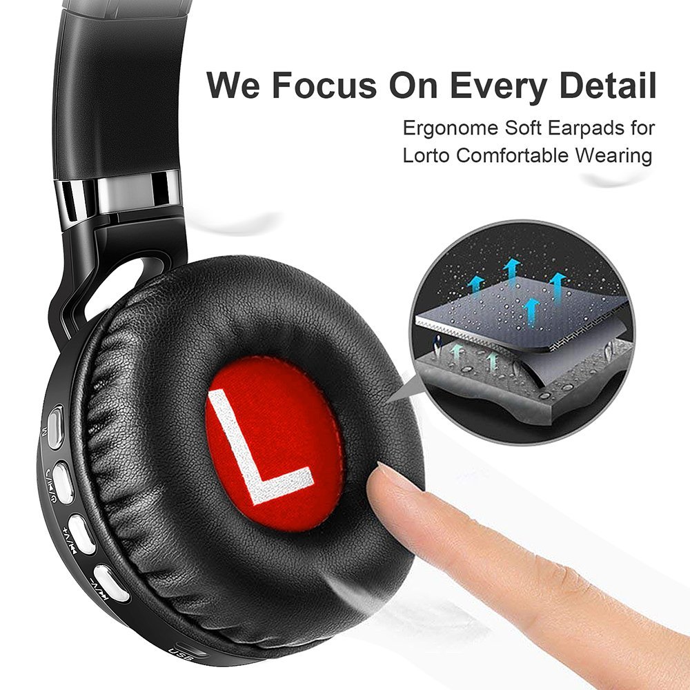 Bluetooth Headphones, Wireless Over Ear Headphones, Foldable Hi-Fi Stereo Headset with Noise Cancelling Microphone, Supports TF Card Hands-Free Calling and Wired Mode (Black&Red)