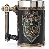 Veronese Design 6.25 Inch 0.5 L Double Headed Eagle Crest Axe Handle Beer Stein Stainless Steel Tumbler Antique Bronze Finish Sculpture Tabletop Decorative Cup