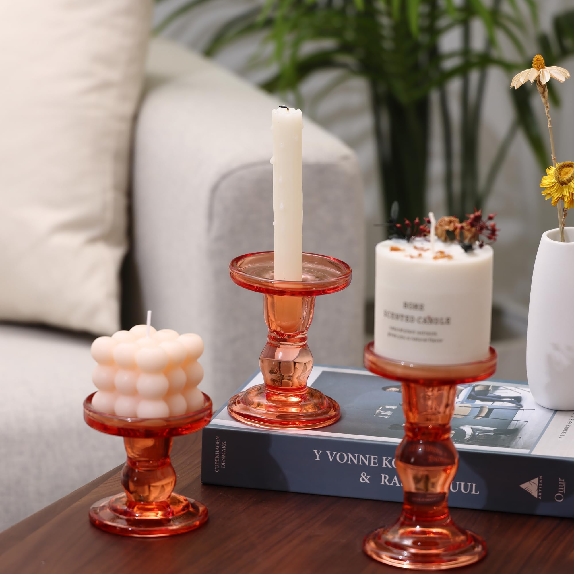 Orange Glass Candle Holder Set, QENUIITEA Set of 3 Clear Candlesticks Holders Pillar Taper Candles Tea Light Stand for Centerpieces Church Wedding Party Home Decor Dining Table