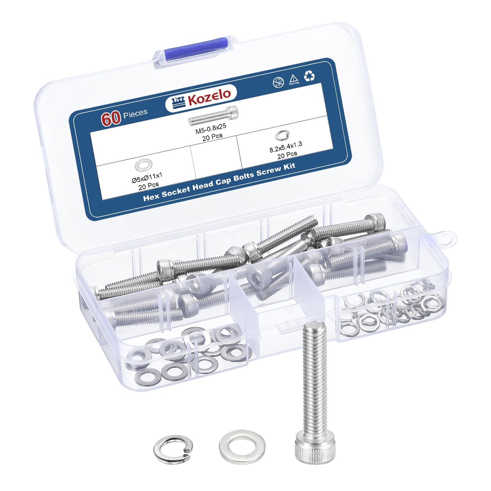 Kozelo 60pcs M5 Socket Head Cap Screws Bolts Nuts Assortment Kit - [M5x25mm] 304 Stainless Steel Allen Socket Drive for 3D Printer