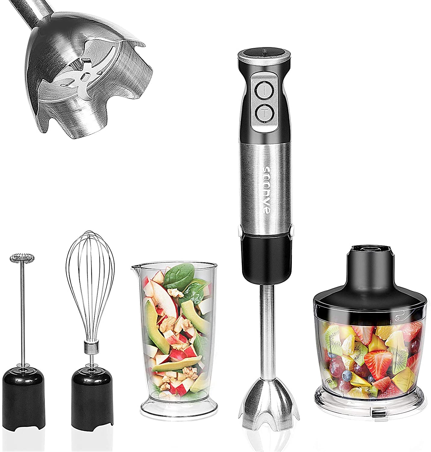 Soonye Immersion Hand Blender Multifunctional 5in1 304 Stainless Stick Blender With 500ml