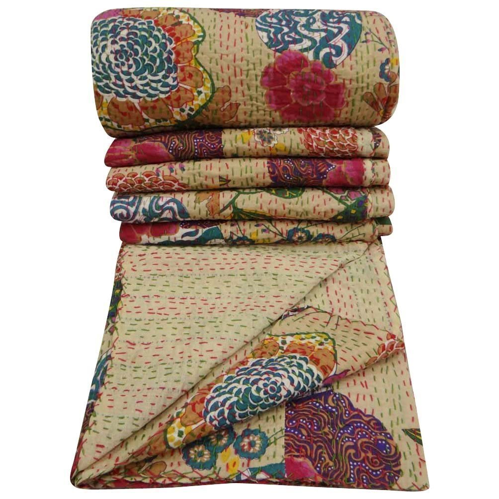 PUSHPACRAFTS Beige Multicolor 100% Cotton Kantha Quilt Floral Pattern Home Décor Print King Size, Kantha Blanket, Bed Cover, King Kantha bedspread, Bohemian Bedding Kantha Size 90 Inch x 108 Inch